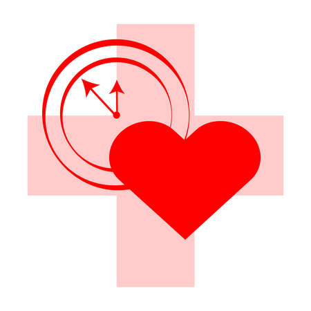 Cross with heart and clock on red background. Vector illustartionのイラスト素材