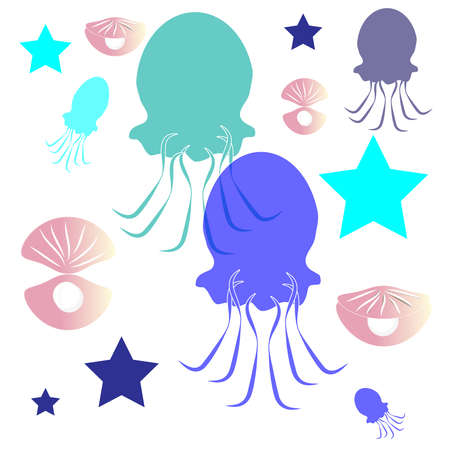 Jellyfish on white background. Marine and ocean life . Vector illustration.