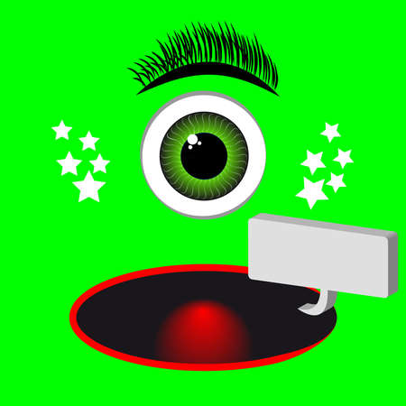 Green monster catoon with eye and speach bubble. Vector illustration.のイラスト素材