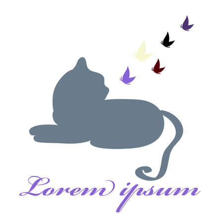 Cat silhouette with butterflies isolated on background. Vector illustration.のイラスト素材