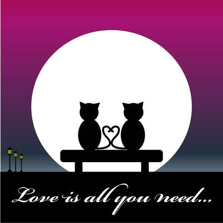Cats in love sitting on bench with moon.Vector illustration.のイラスト素材