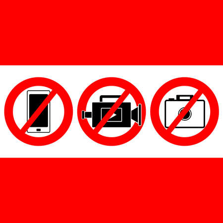 No camera symbols isolated on red background. Vector illustrationのイラスト素材