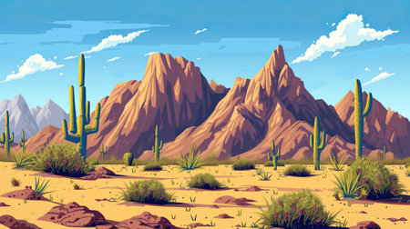 Wild West Texas desert landscape with mountains and cacti.の素材