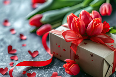 Gift with bow and tulips. Happy Valentines day and love decoration concept.の素材