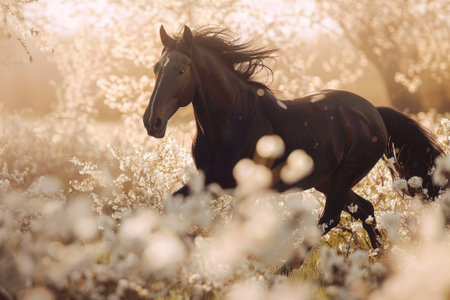 Galloping black horse in a fieldの素材