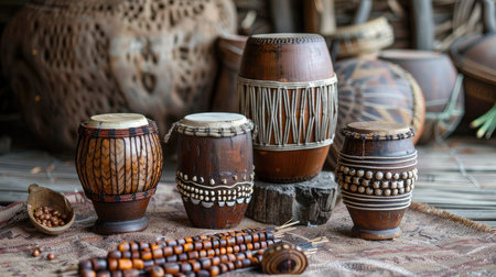 Various traditional drums with beaded and woven decorations on display.の素材