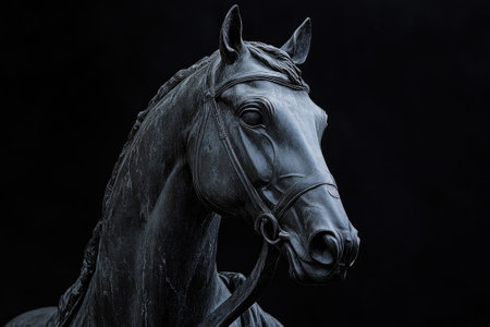 Dark and moody lighting sets the scene for this close-up of a horse statueの素材