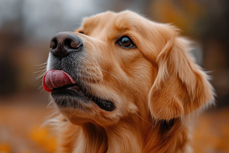Golden retriever dog sticking out its tongue in an autumn park, enjoying a sunny dayの素材