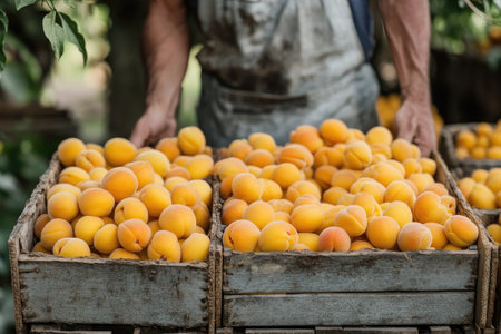 Farmer carrying wooden crates full of ripe apricots, showcasing the harvest of juicy and delicious fruitsの素材