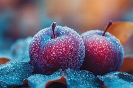 Two ripe plums covered with morning dew rest on frosted leaves, creating a vibrant autumn sceneの素材