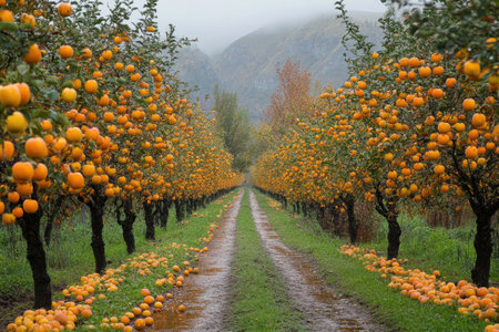 Rows of apple trees growing in an orchard with ripe apples on branches and fallen on the groundの素材