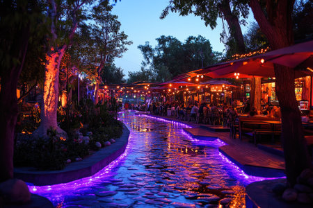 Diners enjoy a vibrant evening at an outdoor restaurant, enhanced by a central water feature and purple lightingの素材