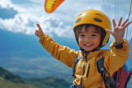Young paraglider wearing safety helmet, smiling and waving while enjoying a paragliding flight over a mountain landscapeの素材
