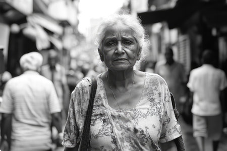 Elderly Indian woman walking in a crowded street market, captured in a striking black and white portraitの素材