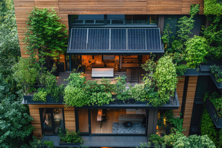 Luxurious eco-friendly apartments embracing green living with integrated solar panels for sustainable energyの素材