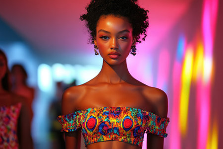 Confident fashion model showcasing vibrant and stylish summer collection on the runwayの素材