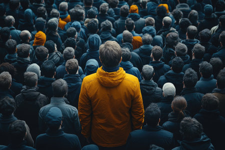 Man wearing a yellow jacket is standing out from a large crowd of peopleの素材