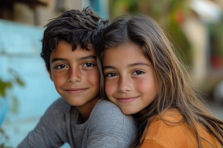 Boy and girl are smiling together on a bright dayの素材
