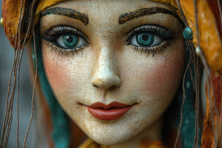 Handmade artist doll with piercing blue eyes and a colorful scarf is captivating viewers with its lifelike appearanceの素材