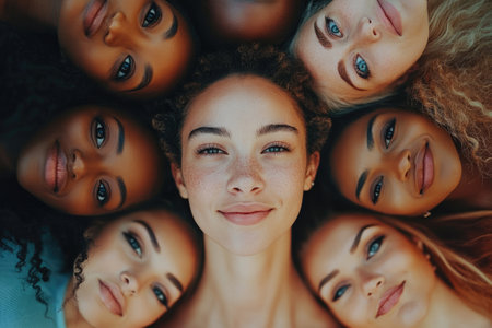 Group of diverse multiethnic women lying in circle, promoting unity, diversity, and female empowermentの素材