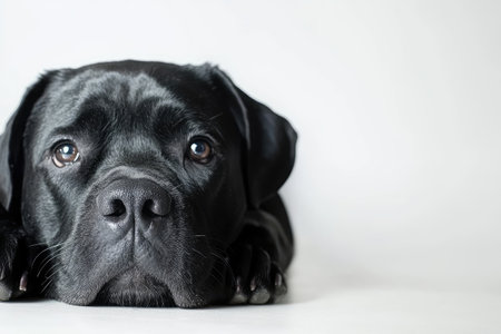 Close-up of a black cane corso dog lying down with its head resting on a white surfaceの素材