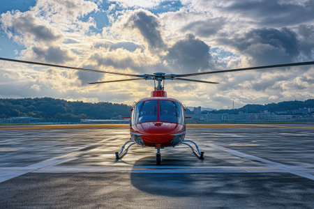 Red helicopter is parked on an empty helipad with the sun setting in the backgroundの素材