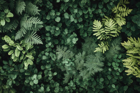 Vibrant green leaves and ferns create a beautiful natural background, perfect for nature-themed projectsの素材
