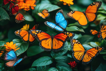 Monarch butterflies with orange and blue wings flying over green leaves and colorful flowersの素材