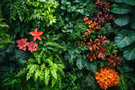 Green wall with a mix of tropical plants and colorful flowers, creating a vibrant and lush natural backdropの素材
