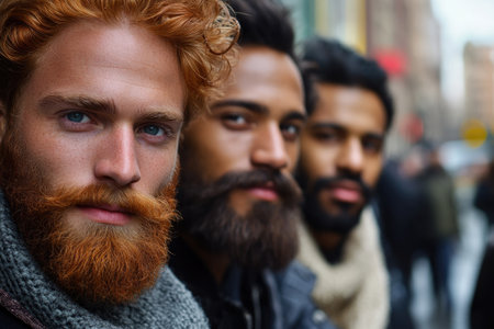 Three bearded men with different ethnicities and hair colors posing in an urban environmentの素材