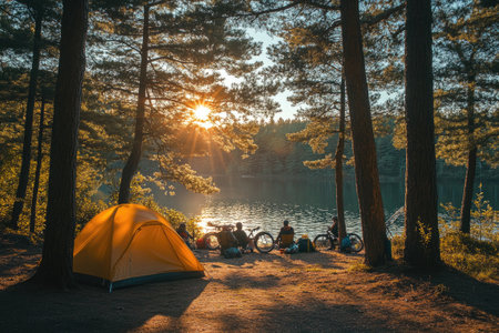 Group of cyclists enjoying a beautiful sunset while camping by a peaceful lake in a forestの素材