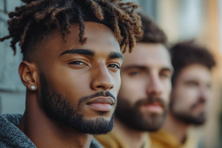 Portrait of a serious young black man with dreadlocks and beard posing with two friends out of focusの素材