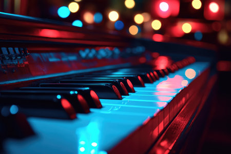 Close-up of piano keys illuminated by vibrant, colorful lights, creating a dynamic and atmospheric scene in a nightclub settingの素材