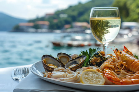 Delicious seafood platter with prawns mussels and white wine served in restaurant by the seaの素材