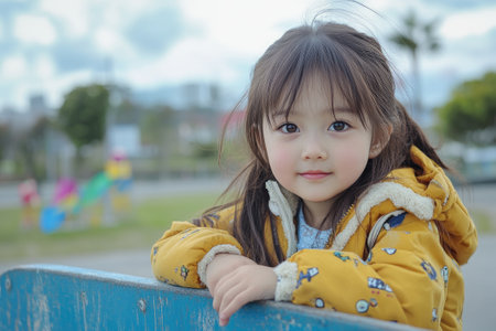 Adorable toddler wearing a yellow jacket leaning on a blue fence in a playgroundの素材