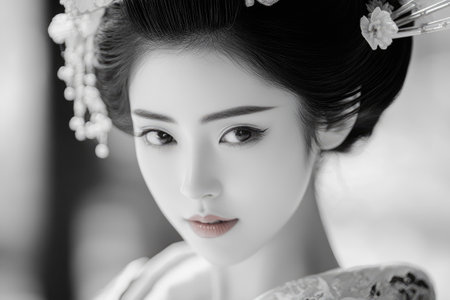 Black and white portrait of beautiful geisha woman with traditional Japanese makeup and hairstyle wearing kimonoの素材