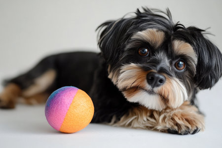 Small furry puppy resting near colorful ball on white backgroundの素材