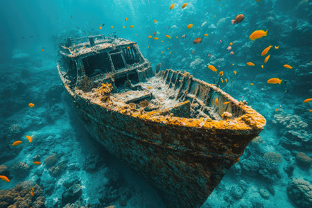 Underwater view of decaying shipwreck teeming with marine life, creating an artificial reef ecosystemの素材