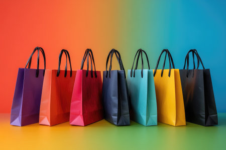 Vibrant shopping bags stand against a colorful backdrop, symbolizing retail therapy, consumerism, and the excitement of purchasingの素材