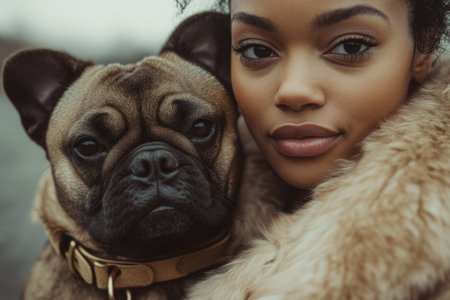 Close-up of a beautiful young woman with her pugの素材