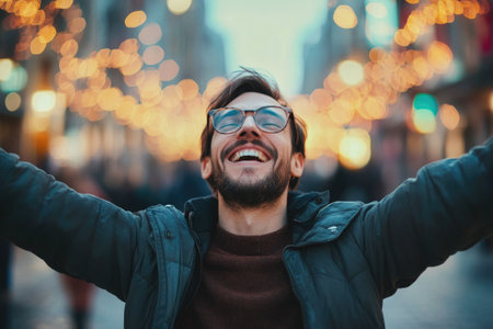 Young man opening arms and enjoying Christmas lights in a city centerの素材