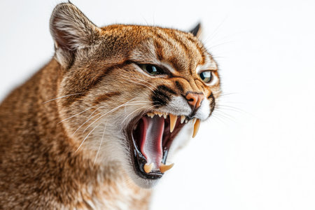 Close-up of a jungle cat snarling, showcasing its sharp teeth against a white backgroundの素材