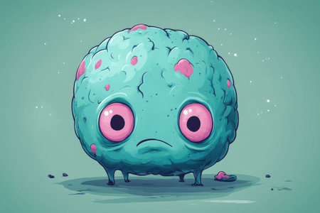 Turquoise brain character with big pink eyes looking sad in front of a turquoise backgroundの素材