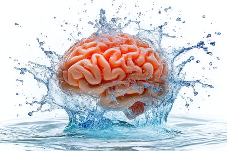 Plastic anatomical model of human brain splashing in clean water, creating large water drops, isolated on white backgroundの素材
