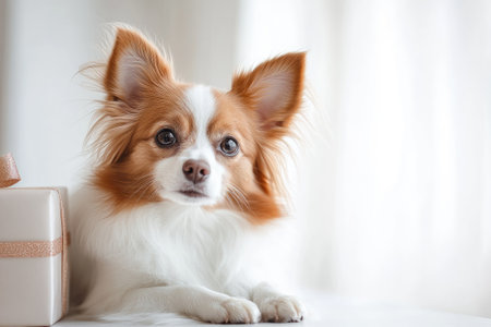 Adorable papillon dog lying down next to a gift box, creating a heartwarming scene of love and companionshipの素材