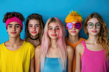 Five teenagers with colorful clothes and dyed hair are posing together against a blue backgroundの素材
