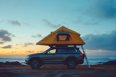 Suv equipped with a rooftop tent parked by the ocean at sunset, offering a perfect blend of adventure, comfort, and scenic beautyの素材