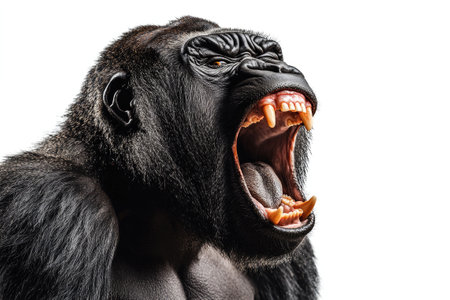 Close-up of a powerful gorilla roaring, revealing its teeth and tongue against a white backdropの素材
