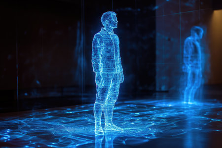 Hologram of man walking in futuristic virtual reality environmentの素材