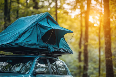 SUV with roof top tent camping in forest during sunset, inspiring wanderlust and a sense of adventureの素材